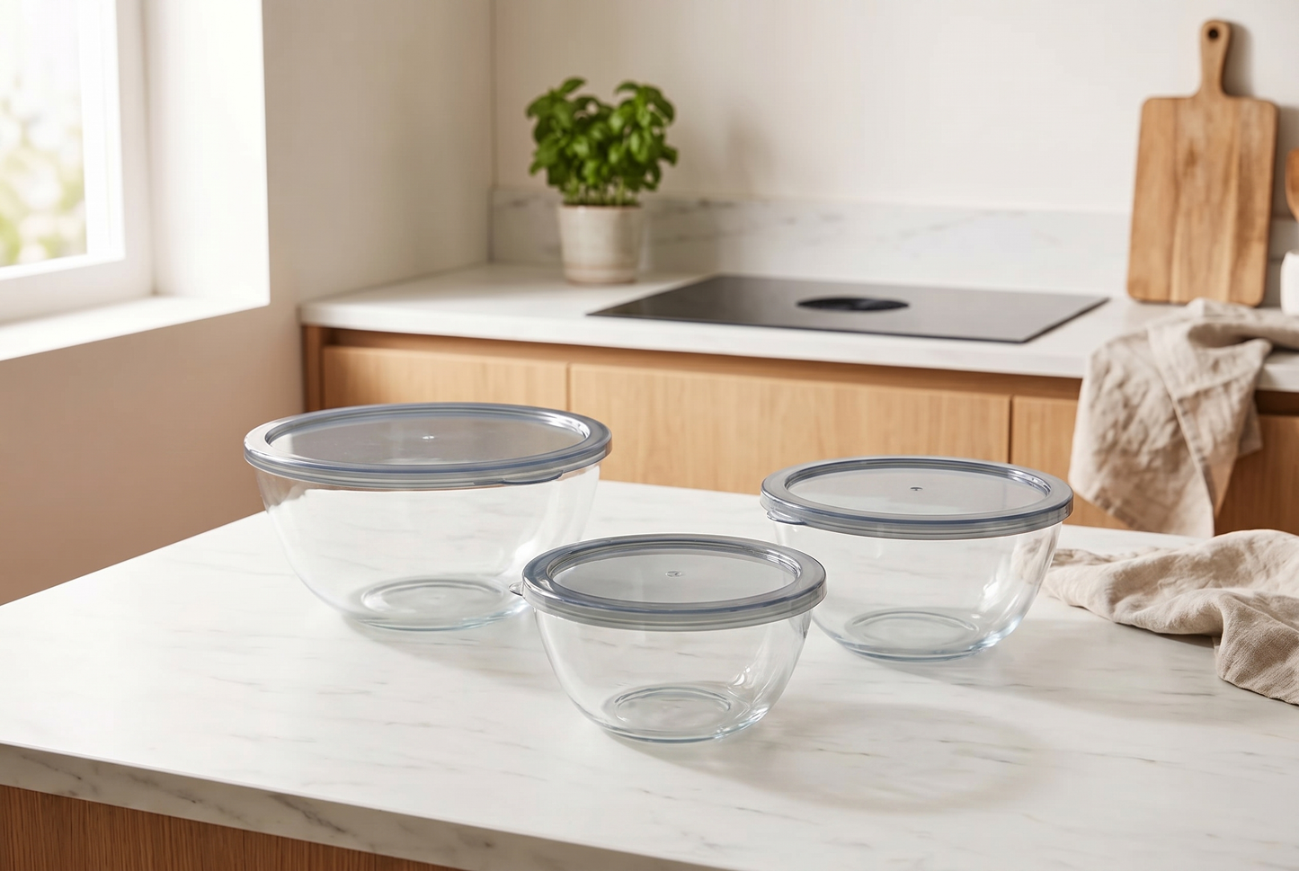 Set x3 Bowls de Vidrio Redondos Herméticos con Tapa