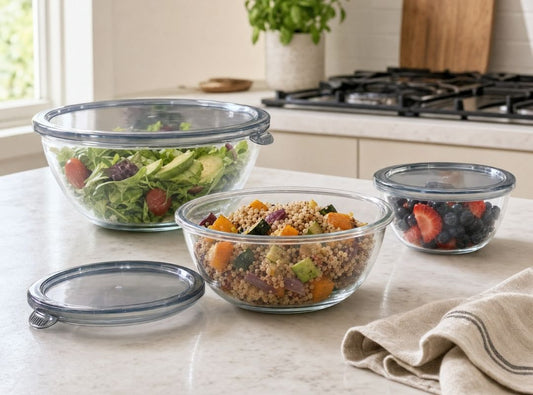Set x3 Bowls de Vidrio Redondos Herméticos con Tapa