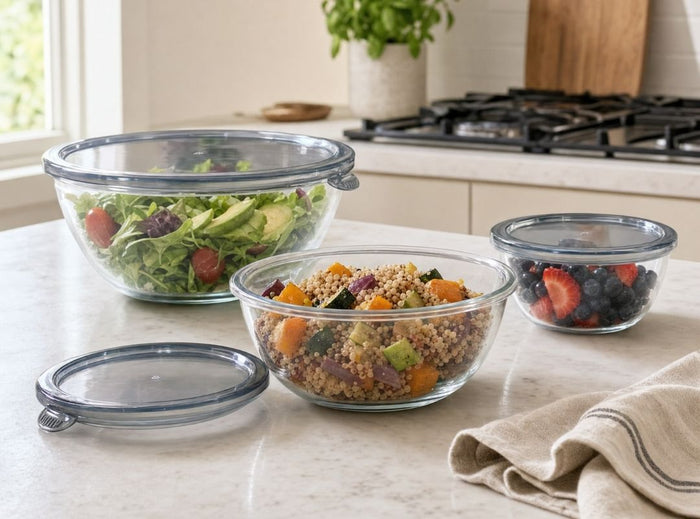 Set x3 Bowls de Vidrio Redondos Herméticos con Tapa