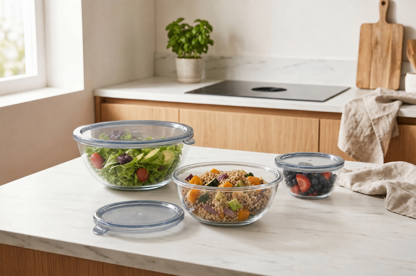 Set x3 Bowls de Vidrio Redondos Herméticos con Tapa